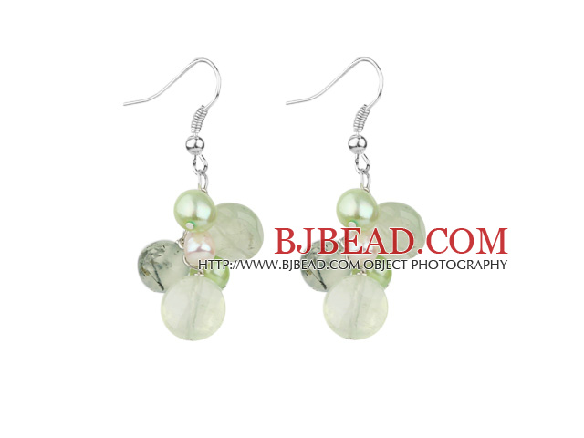 Assorted Green Freshwater Pearl and Green Rutilated Quartz Earrings