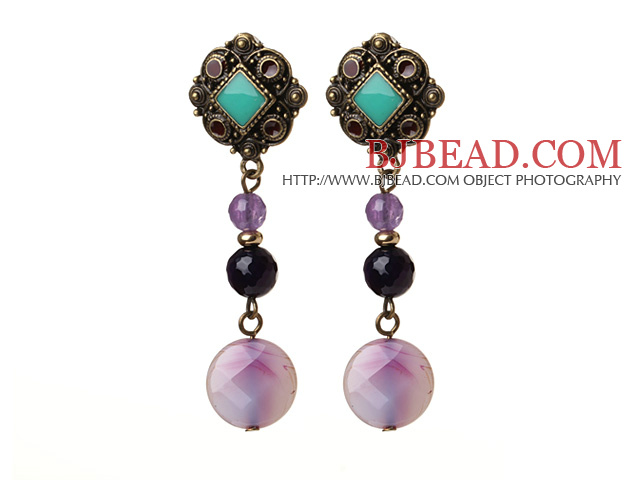 Vintage Style Rhombus Shpe Tibet Silver Black And Purple Agate Dangle Earrings