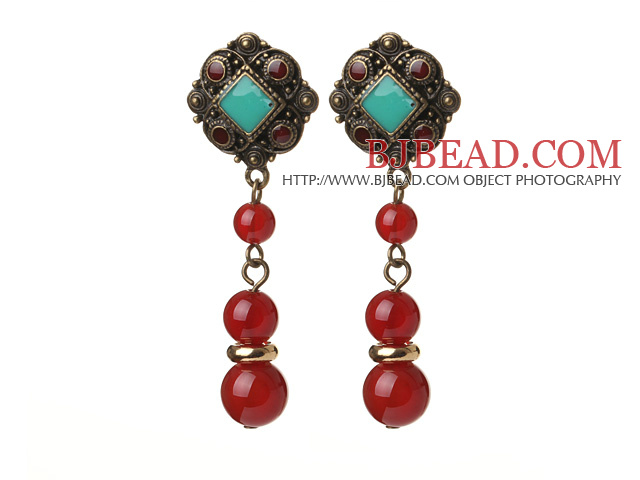 Vintage Tibetan Style Round Red Agate Beads Earrings