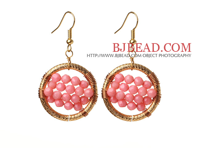 Amazing Style Faceted Pink Coral Beads Earrings With Big Golden Color Hoop