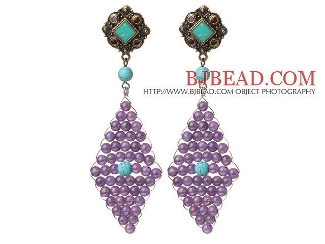 Trendy Special Rhombus Shape Amethyst Beads And Turquoise Wire Wrapped Earrings With Tibetan Accessory