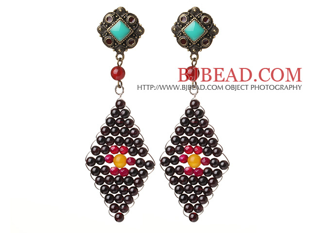 Trendy Special Rhombus Shape Garnet Beads And Red Agate Wire Wrapped Earrings With Tibetan Accessory