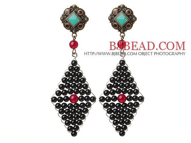 Trendy Special Rhombus Shape Black Agate Beads Wire Wrapped Earrings With Tibetan Accessory