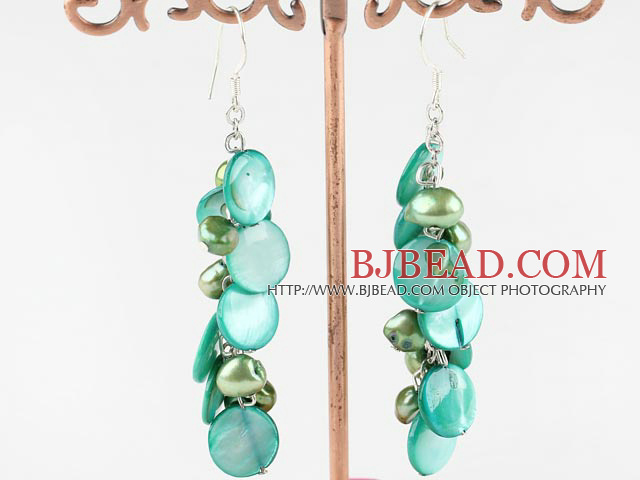 dyed green pearl and shell earrings