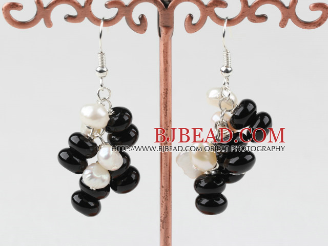 Cluster Style White Freshwater Pearl and Black Agate Earrings