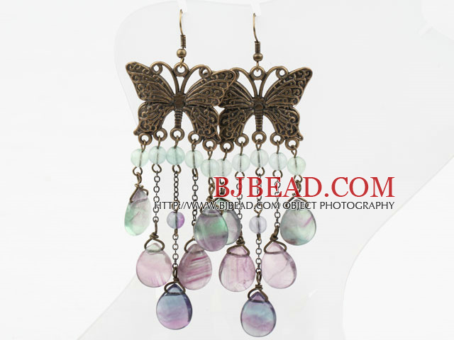 Vintage Style Drop Shape Rainbow Fluorite Earrings with Bronze Butterfly Accessories
