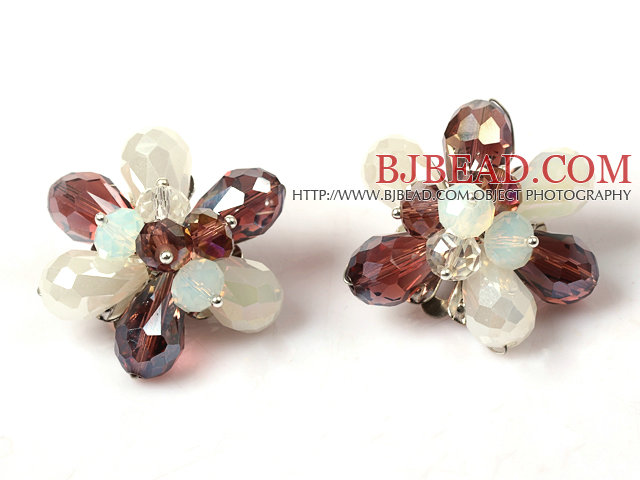 Fashion Style Purple and White Crystal Flower Clip Earrings