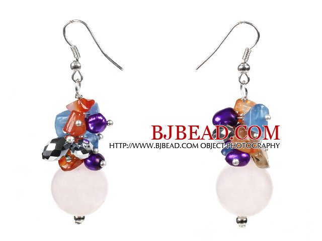 Beautiful Design Pink Rose Quartz Cluster Purple Pearl Black Crystal Multi Color Stone Chips Dangle Earrings