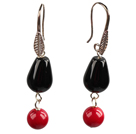 Simple Fashion Style Red Coral Drop Shape Black Agate Dangle Earrings