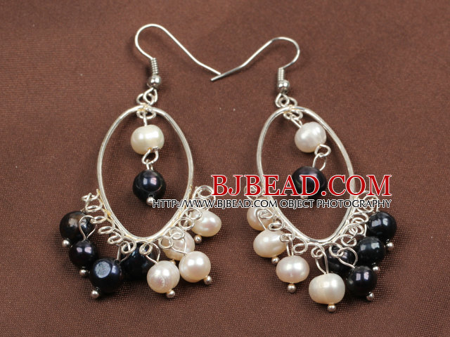 Nice 6-7mm Natural White And Black Freshwater Pearl Dangle Big Loop Earrings