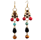 Summer New Design Tiger Eye Turquoise Coral And Drop Black Agate Long Dangle Earrings