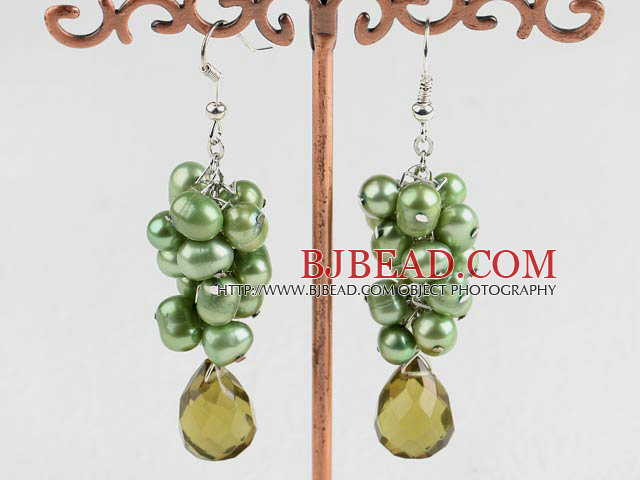 green pearl crystal cluster earrings