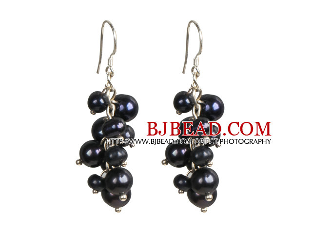 Popular Cluster Shape Natural Black Freshwater Pearl Dangle Earrings