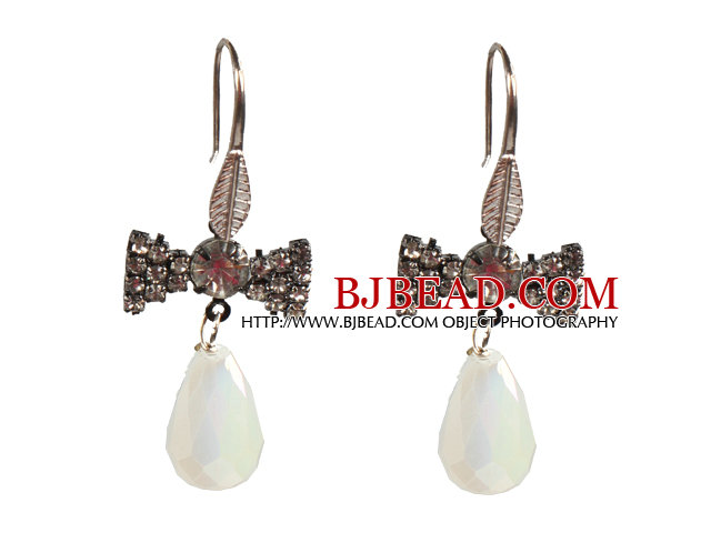 Beautiful Fashion Drop Shape Opal Dangle Earrings With Rhinestone Bow