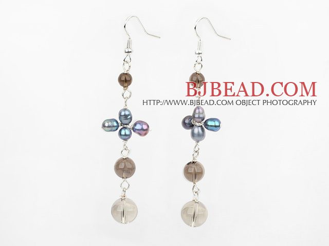 Dangle Style Black Freshwater Pearl and Smoky Quartz Long Earrings