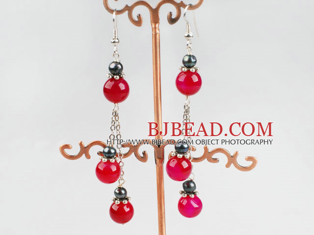 black pearl and pink agate ball earrings