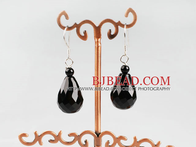 drop shape faceted black agate earrings