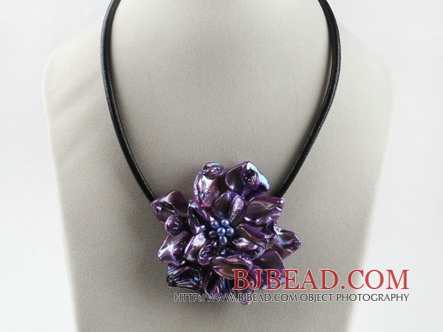 17.7 inches purple shell flower pearl necklace with magnetic clasp