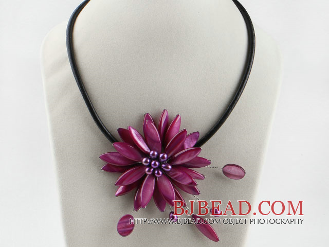 17.7 inches purple red shell flower pearl necklace with magnetic clasp
