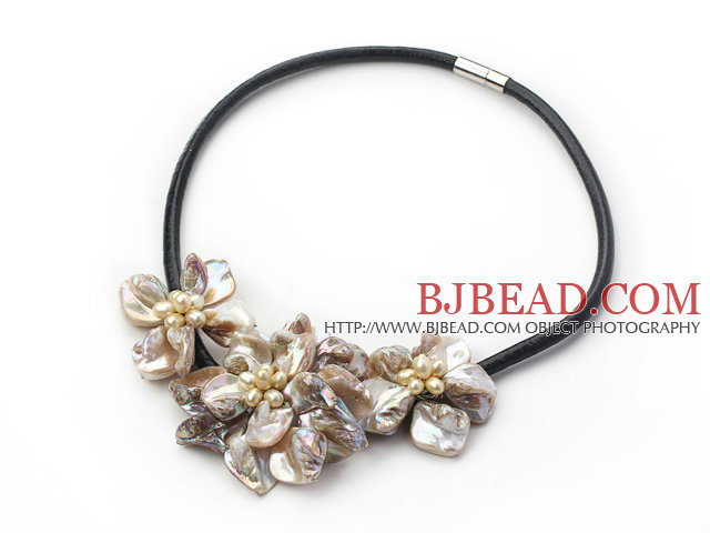 natural yellow pearl and dyed gray shell flower necklace with magnetic clasp