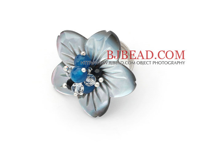 Agate and Crystal and Shell Flower Adjustable Ring