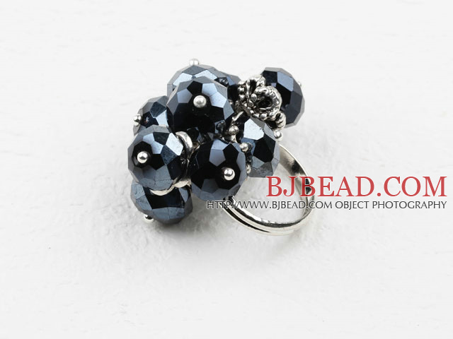 Faceted Black Crystal Adjustable Ring
