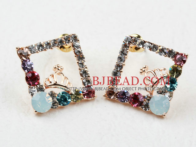 Fashion Style Rhombus Shape with Crown Rhinestone Gold Plated Hypoallergenic Studs Earrings