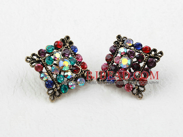 Fashion Style Rhombus Shape Multi Color Rhinstone Oversized Studs Earrings