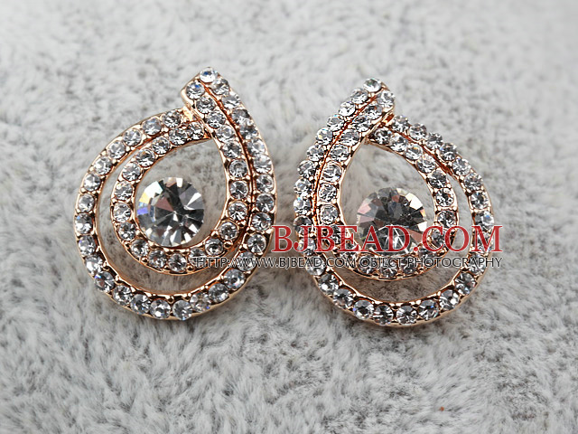 Fashion Style Drop Shaped Doulbe Rhinestone Gold Plated Hypoallergenic Studs Earrings