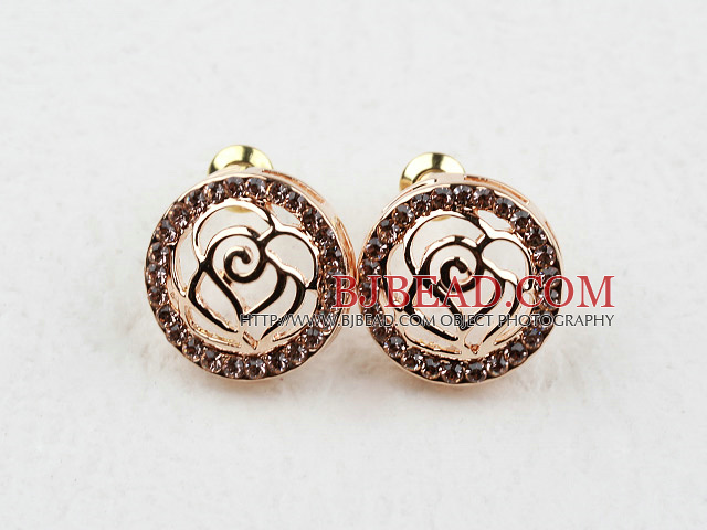 Fashion Style Hollow Rose Flower and Round Shape Rhinestone Gold Plated Hypoallergenic Studs Earrings