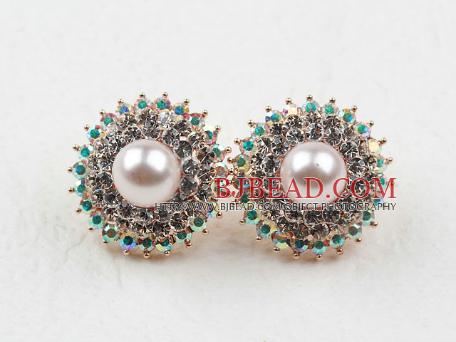 Immitation Round Pearl with Hat Shape Rhinestone Gold Plated Hypoallergenic Studs Earrings