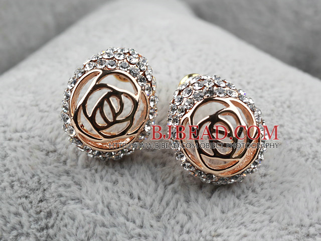 Fashion Style Hollow Rose Flower Rhinestone Gold Plated Hypoallergenic Studs Earrings