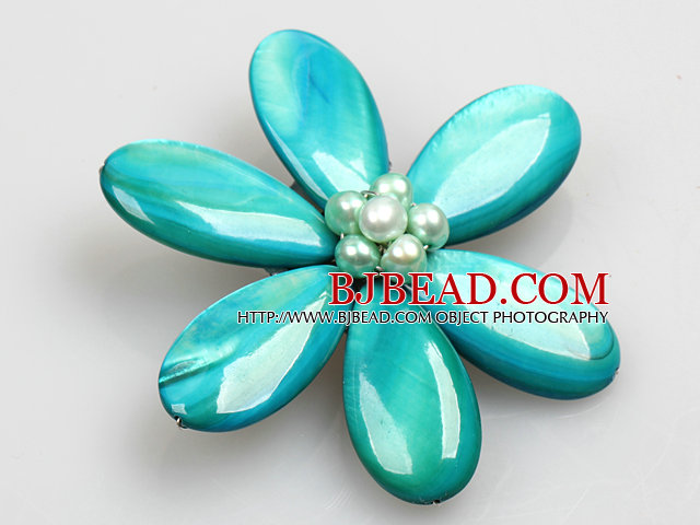 Beautiful Natural Lake Blue Pearl Drop Shape Shell Flower Brooch  