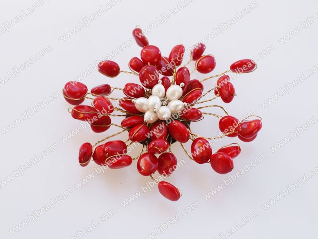 decent red coral flower brooch