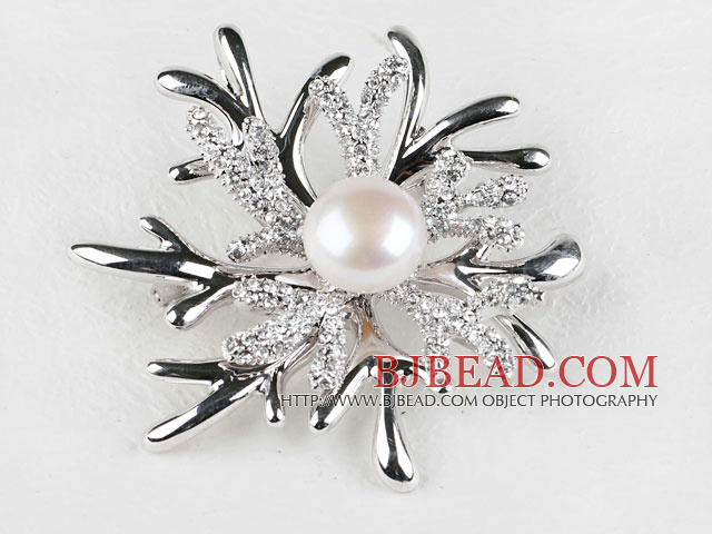 high quality beautiful natural white color pearl brooch with rhinestone