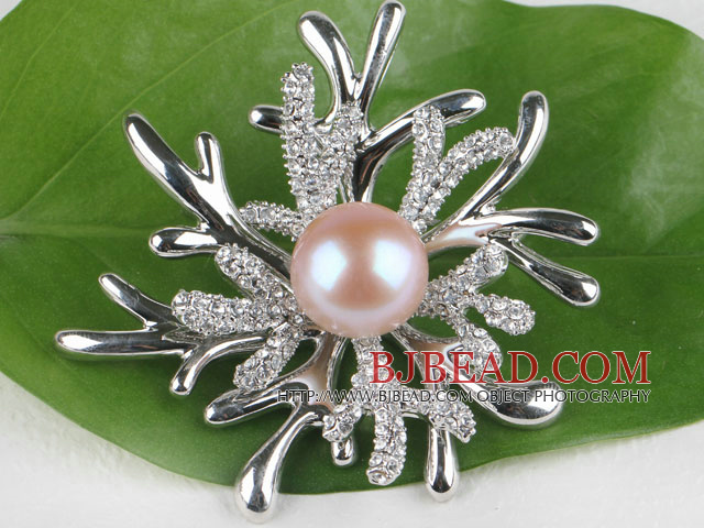 beautiful natural pink color pearl brooch with rhinestone