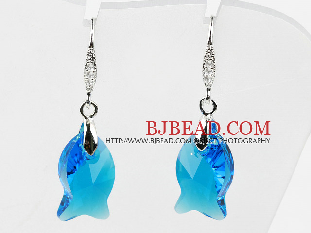 18mm Fish Shape Dark Blue Austrian Crystal Earrings