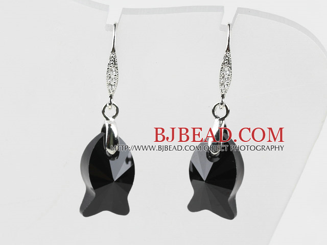 18mm Fish Shape Black Austrian Crystal Earrings
