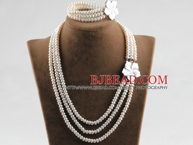 three strand 6-7mm white pearl necklace bracelet set with shell flower clasp