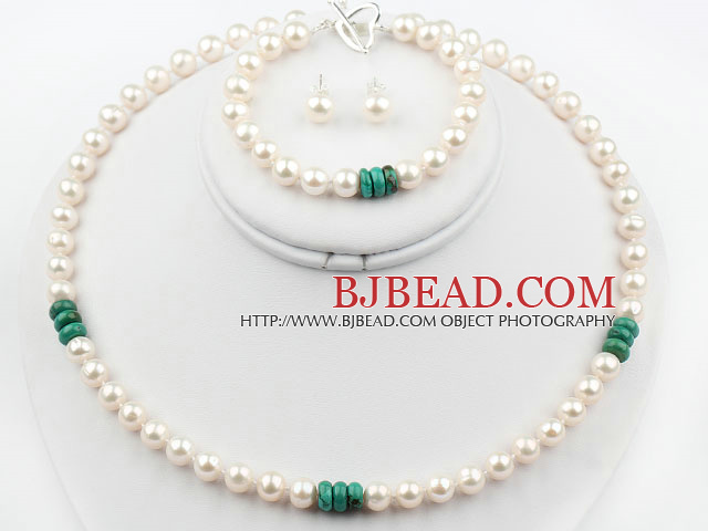 White Freshwater Pearl and Natural Turquoise Set (Necklace Bracelet and Matched Studs)