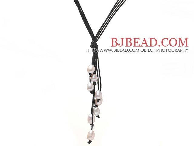 Simple Style Natural White Freshwater Pearl Necklace with Black Thread