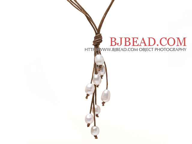 Simple Style Natural White Freshwater Pearl Necklace with Brown Thread