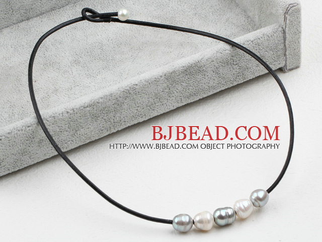 Simple Design White and Gray FW Pearl Necklace with Black Leather