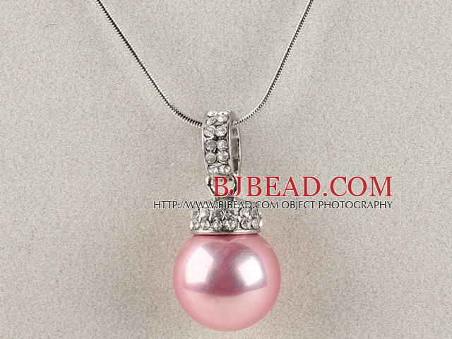 pink 16mm sea shell bead pendant necklace with shinning crystal rhinestone
