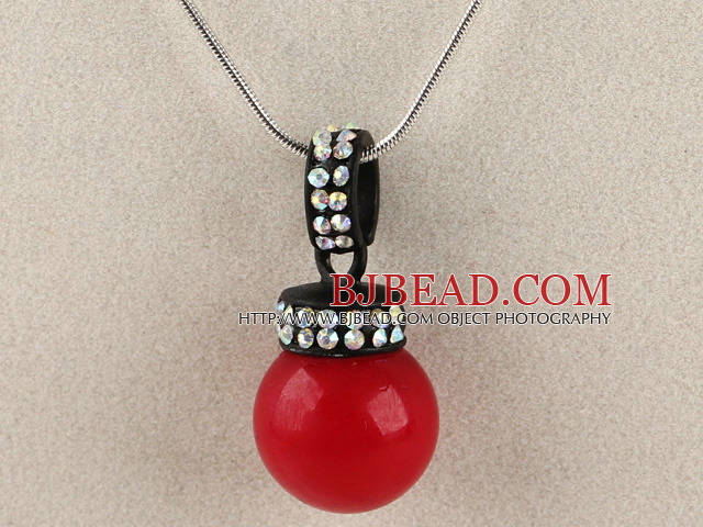bright red 16mm sea shell bead pendant necklace with shinning colorful rhinestone
