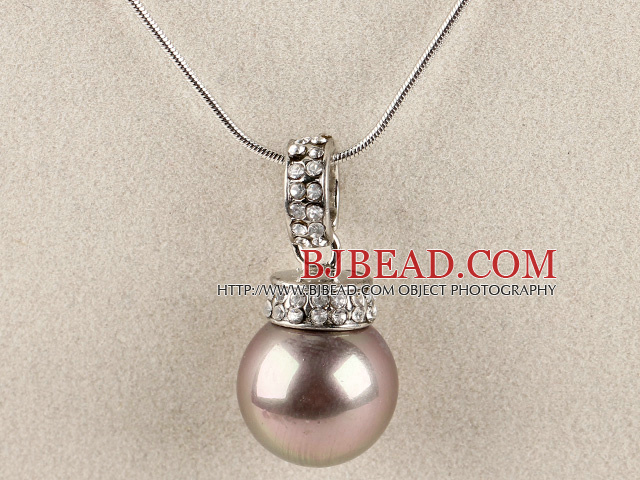 light purple 16mm sea shell bead pendant necklace with shinning crystal rhinestone