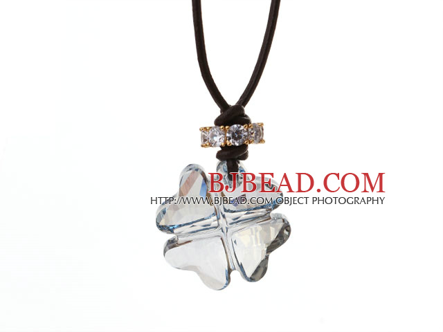 Summer New Released Light Blue Austrian Crystal Four Leaf Clover Pendant Necklace with Dark Brown Leather