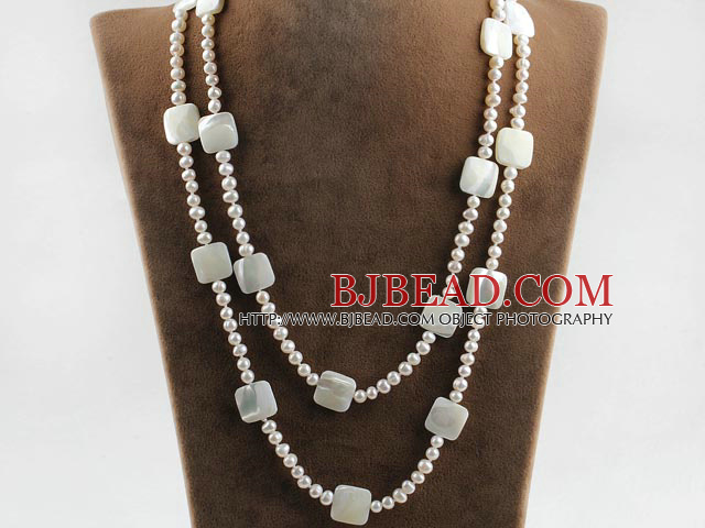fashion long style 47.2 inches white pearl and square shape white lip shell necklace