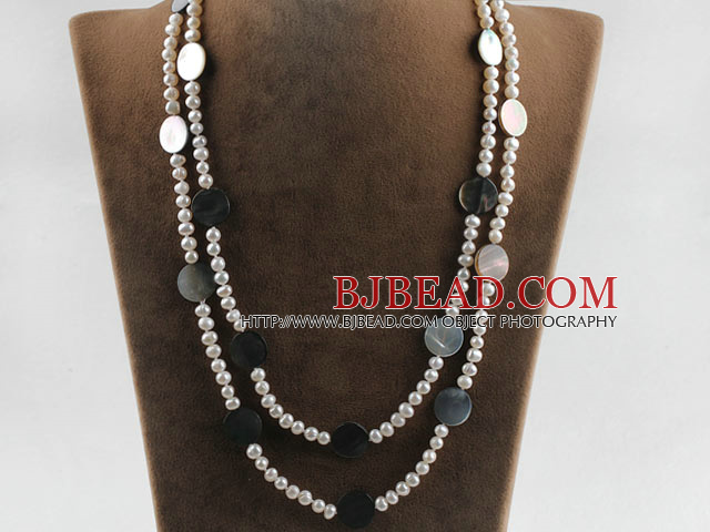 fashion long style 47.2 inches white pearl and round shape black lip shell necklace