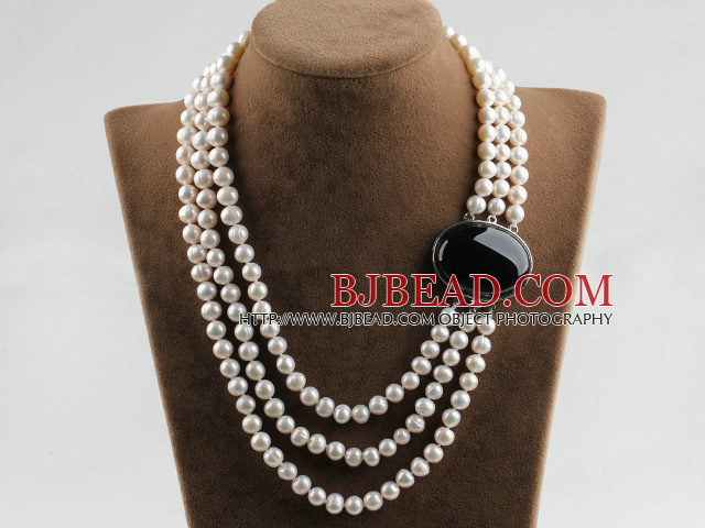 sparkly three strand 8-9mm white pearl necklace with black gem box clasp